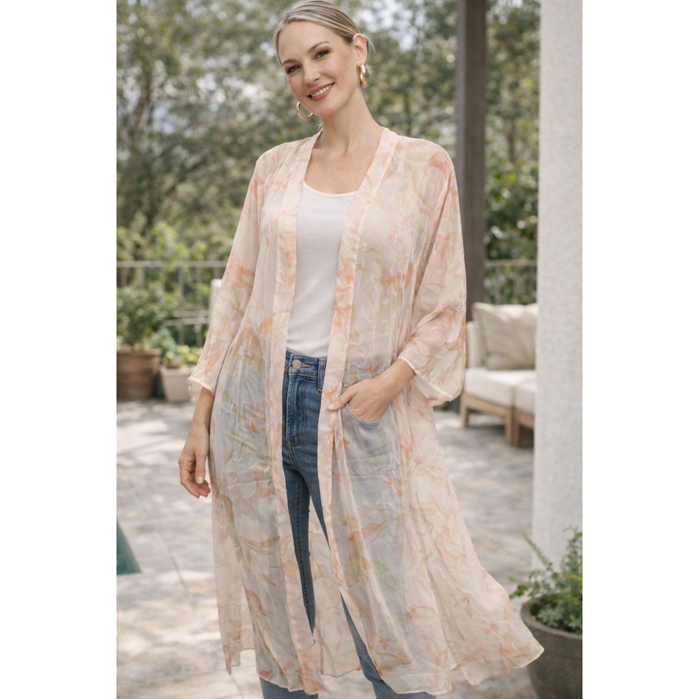 Sheer Floral Duster Kimono Wm's Long Open Front Lightweight Boho Beach Cover-up